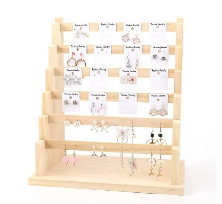 Multifunction Solid Wood Jewelry Display Rack for Earrings Ring Necklace Bracelet Card Storage Arrangement Props