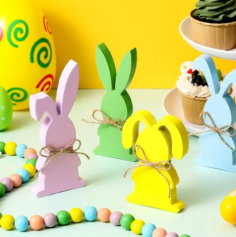 DIY Wooden Signs Spring Bunny Decor Easter Rabbits Shape Signs Easter Tiered Tray Decor with Rope for Easter Party