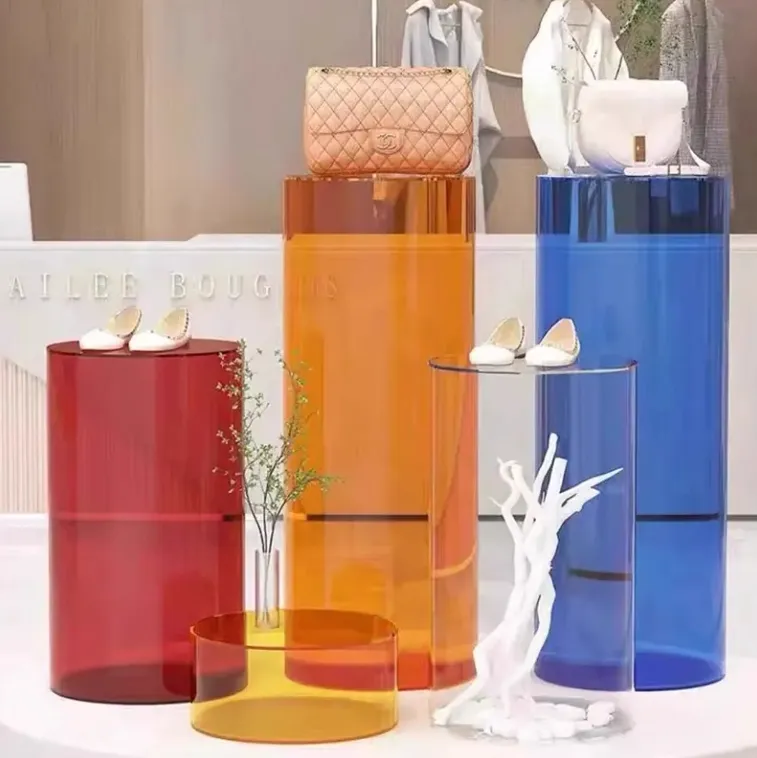 Transparentes zylindrisches Acryl-Display-Regal mit rundem Sockel für Ausstellungshalle und Kunstausstellung Produktboden-Display-Ständer