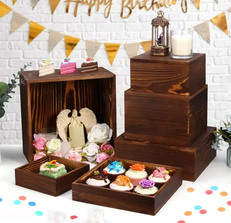 Rustic Wooden Display Stands Square Buffet Risers Wooden Food Display Risers Nesting Risers Wood Cake Stands